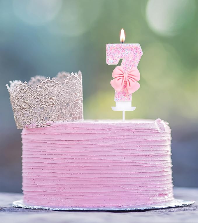 Number 7 Birthday Candle with Pink Sequins and Bowtie, Pink 7 Cake Topper Decoration for Girls Pastel Sweet Theme Birthday Party or Adults Milestone Age 7