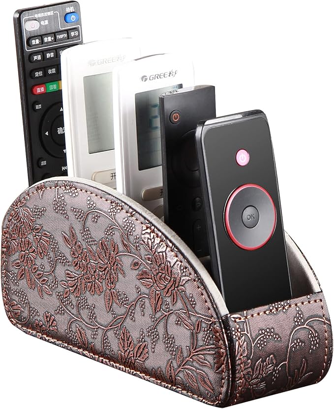 Arniche Leather Remote Control Holder,Universal TV Remote Organizer with 5 Compartments,Desktop or Bedside Table Organizer for DVD,Blu-Ray,Gaming and Streaming Remotes,Glasses and Accessories(Antique)