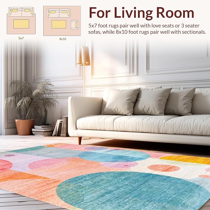 Flatwoven High Traffic Area Rug 4x6, Playful Bubble Cluster with Overlapping Circles and Translucent Color Blends, Non Slip, Stain Resistant, Washable Area Rugs for Living Room, Bedroom (Red, 4x6)