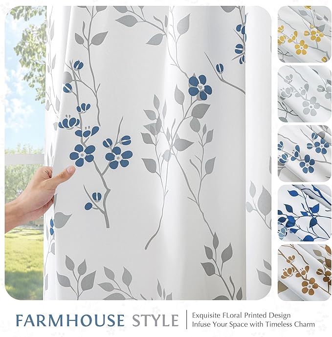 Beauoop Floral 100% Blackout Curtains 90 Inches Long 2 Panels for Bedroom Living Room Blue Grey and White Flower Patterned Room Darkening Thermal Soundproof Grommet Window Treatments Drapes, 52X90