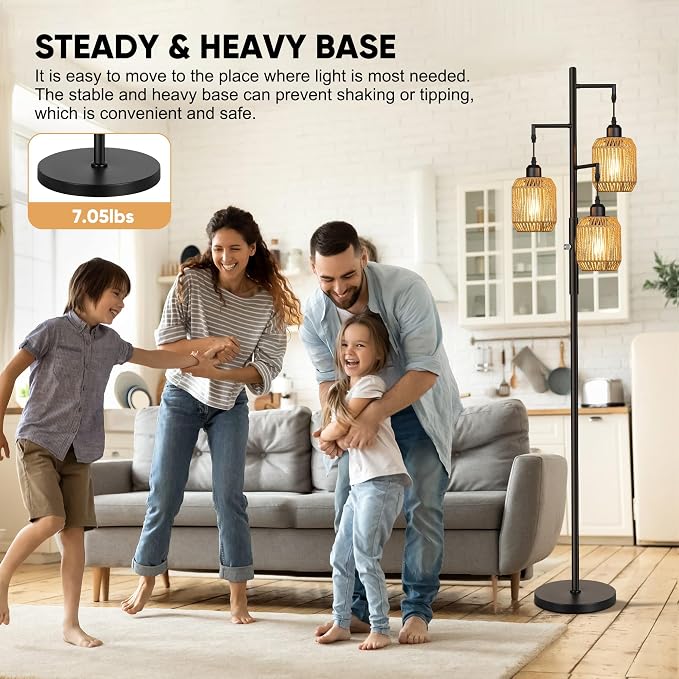 ROTTOGOON Dimmable Boho Floor Lamp - 3 Light Farmhouse Rattan Floor Lamp for Living Room, Industrial Tree Floor Lamps with 3 X 6W LED Bulbs, Rustic Standing Tall Lamp for Bedroom, Office, 68", Black