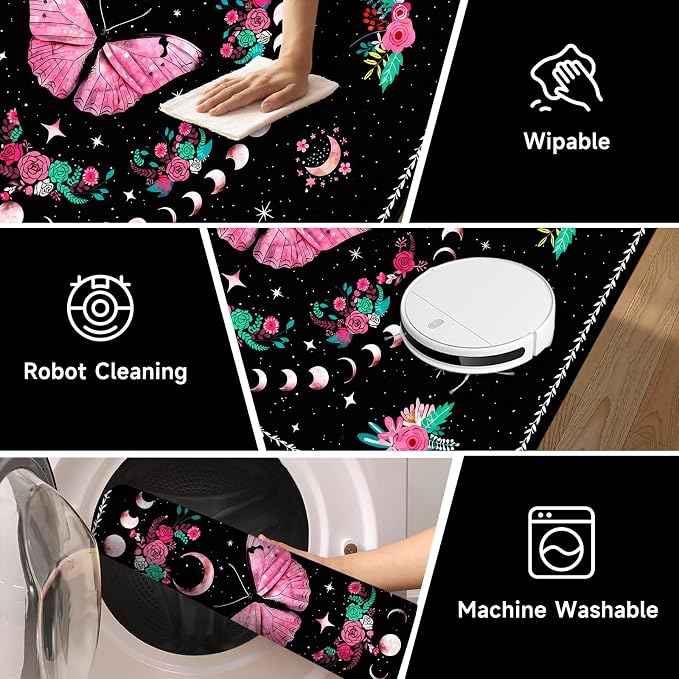 Pink Butterfly Area Rug 6'x9' Moon Phase Floral Rugs for Bedroom Living Room Kitchen Nursery Playroom Home Decor Boho Gothic Butterfly Carpet Non-Slip Washable Floor Mat