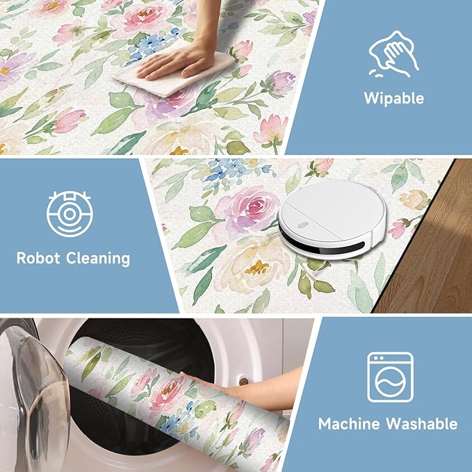 Watercolor Floral Rug 5'x7' Soft Pastel Botanical Area Rug for Entryway Bedroom Living Room Nursery Kitchen Playroom Home Decor Low Pile Non-Slip Washable Carpet