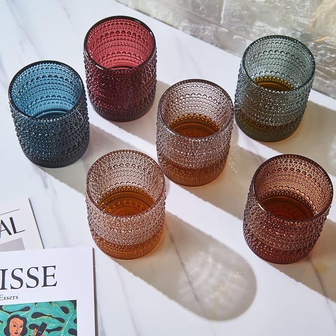 Khen Ruby Red Hobnail Drinking Tumbler | Set of 6 | 11 OZ Bubble Design Vintage Glassware, Beverage Glasses Bubble Water, Wine, Old Fashioned Cocktail, Whiskey Rocks Glass Cup