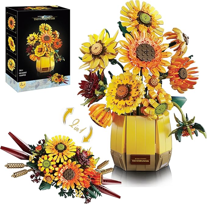 2 in 1 Sunflower Building Blocks Set with Vase, Botanical Collection Artificial Flowers Compatible with Lego for Adults, Gift for Christmas Home Décor Flower Table Centerpiece
