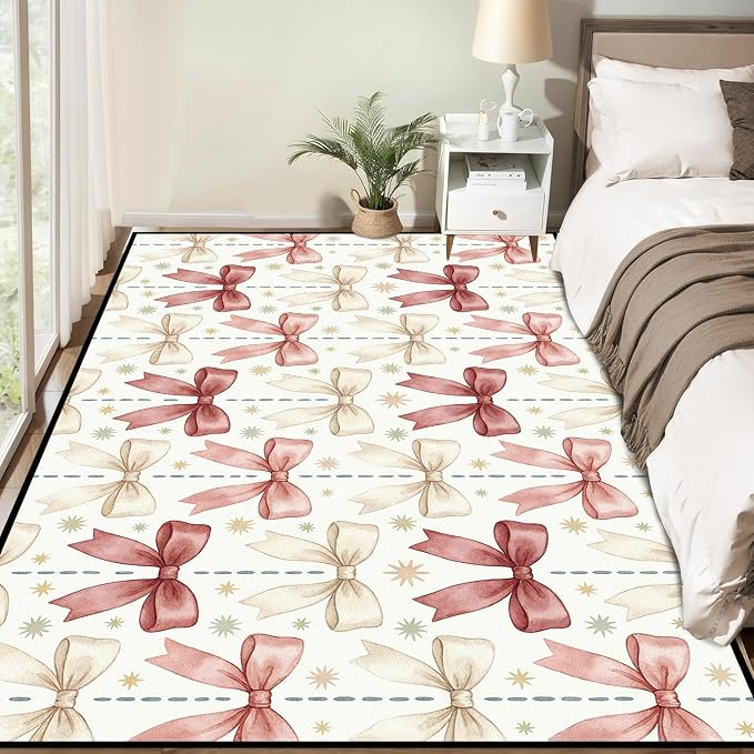 Pink Bowknot Area Rug 2'x3' Watercolor Coquette Aesthetic Non-Slip Washable Carpet for Entryway Bedroom Living Room Nursery Kitchen Playroom Home Decor Soft Low Pile Floor Mat