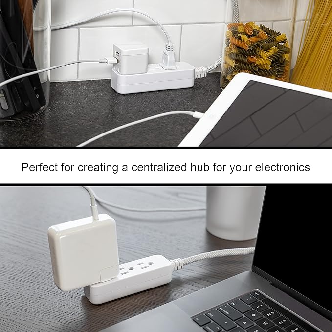 GE 3-Outlet Power Strip Surge Protector 5 Inch Braided Extension Cord with Multiple Outlets Grounded Flat Plug ETL Listed White 45190