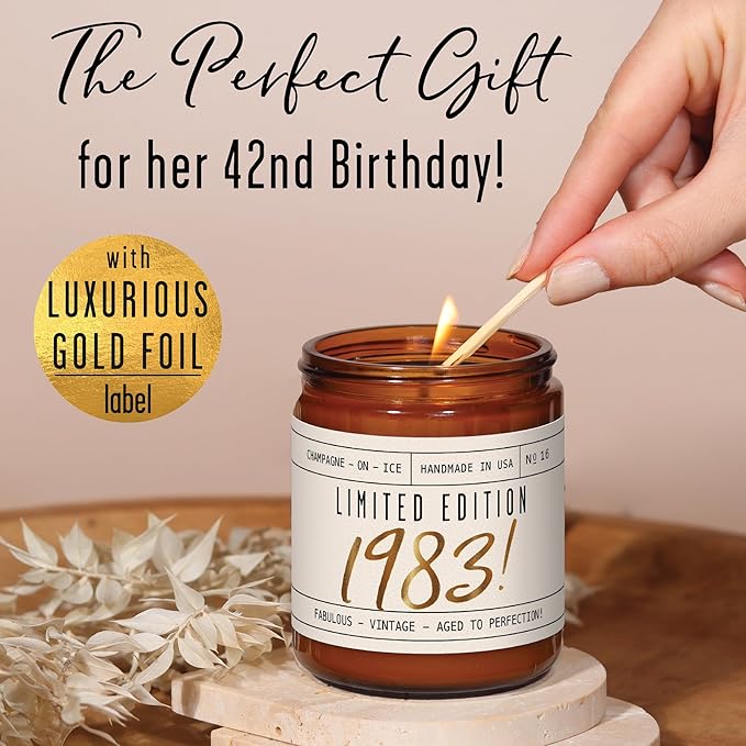 42nd Birthday Gifts for Women - 'Limited Edition 1983' Soy Candle, w/Champagne on Ice I 42 Birthday Gifts for Women I 42nd Gift for Her Ideas I 9oz Reusable Jar, 50Hr Burn, Made in USA