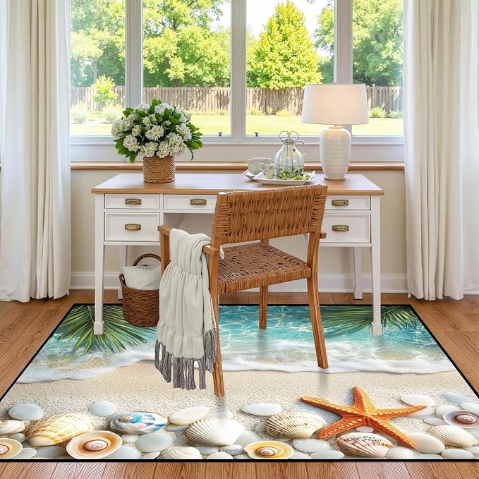 2'x3' Beach Rug Starfish Seashell Area Rugs for Entryway Bedroom Living Room Kitchen Home Decor Ocean Sea Wave Carpt 3D Non Slip Washable Throw Rug Coastal Seaside Floor Mat