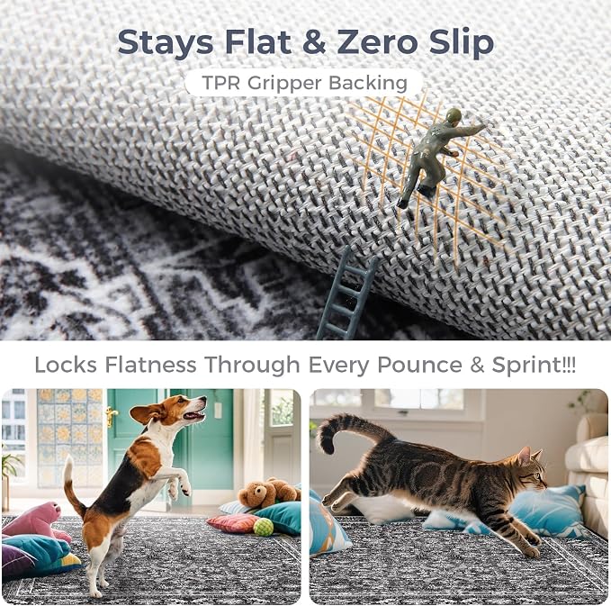 OPPODREAM Vintage Black Area Rugs 5x7, 5 x 7 Retro Washable Rug Non Slip, Low-Pile Faux Wool Carpet, Distressed Floor Mat for Living Room, Bedroom, Kitchen, Office, Dorm, Dinning Room