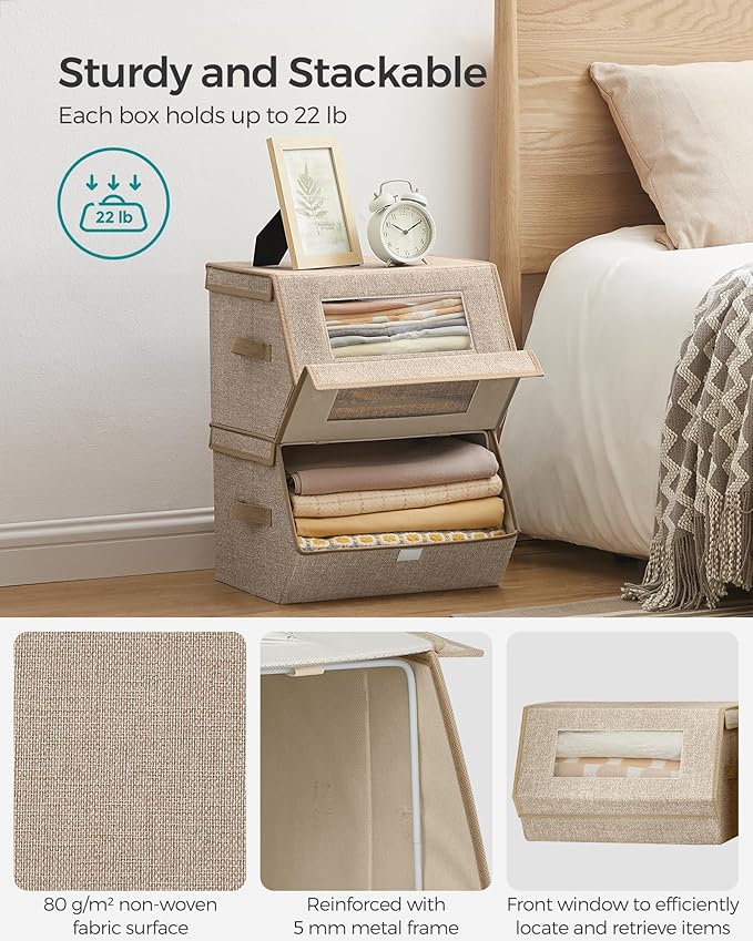 SONGMICS Stackable Storage Bins Set of 2, Storage Boxes with Lids and Front Windows, Non-Woven Fabric Closet Organizers with Magnetic Closures, Side Handles, Sand Beige URLB002Y01