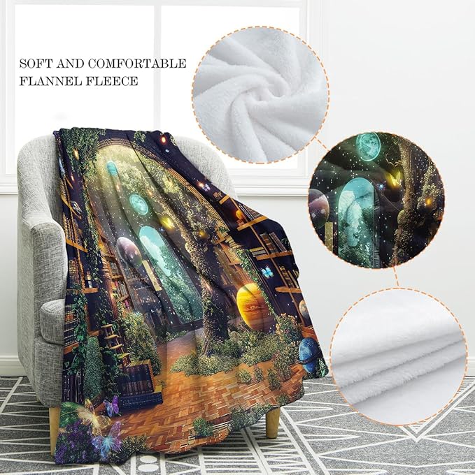 Jekeno Starry Sky Planet Bookshelf Blanket Gifts for Women Men Kids Halloween Birthday Christmas Library Book Bookcase Mysterious Tree Flowers Decor Bedroom Study Classroom Living Room Throw 50"x60"