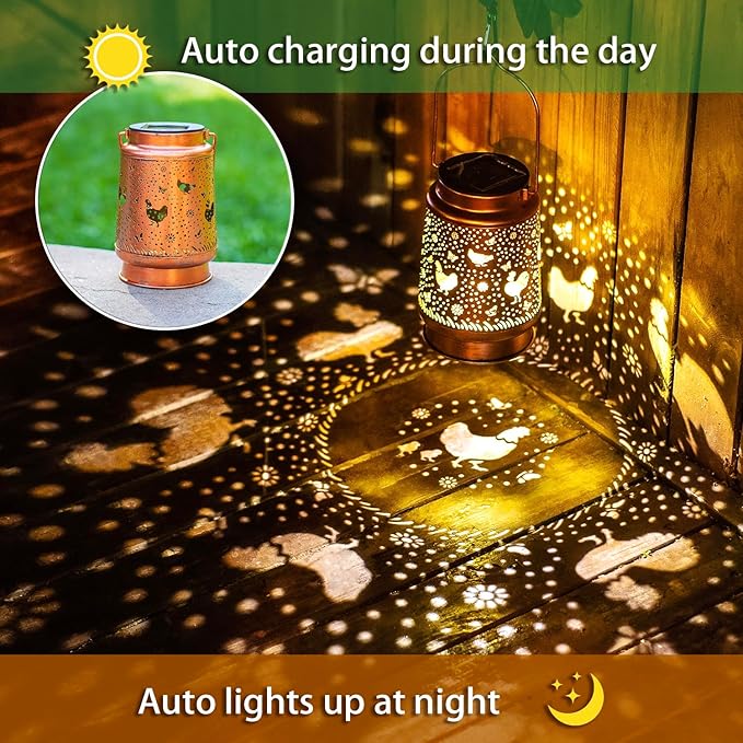 2 Pack Solar Chicken Lanterns Outdoor Waterproof Hanging Lights for Garden Decor, Yard, Patio, Lawn, Tabletop, Pathway, Landscape - Metal Decorative LED Gifts for Women Men