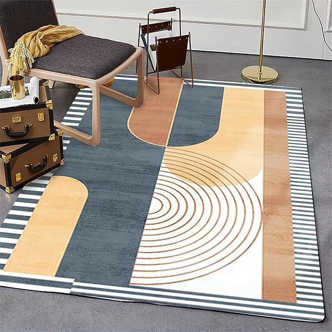 Vintage Modern Mid Century Area Rug, Abstract Geometric Irregular Stripes Non Slip Bedroom Rugs, Breathable Durable Carpet for Indoor Study Living Room Office Decor Rug - 4 ft x 6 ft