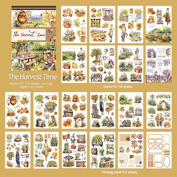 Snycler Sticker Book - 20 Sheets Vintage PET Stickers for Scrapbooking, Junk Journaling, Ephemera, and Decorative Crafts-The Harvest time