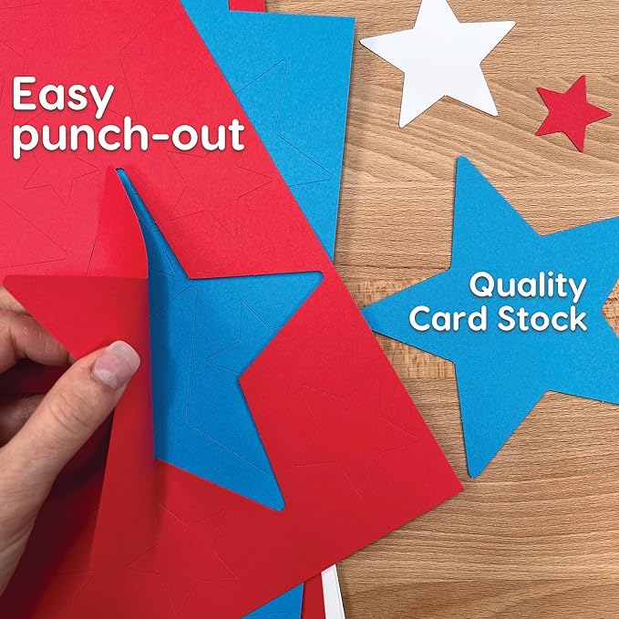 241 Pieces Star Cutouts, 2-Sided US Made Card Stock Punch Out Patriotic Red, White, and Blue Stars for Classroom Decor, Back to School DIY Craft Projects, Party Decoration, 4th of July Themed Events