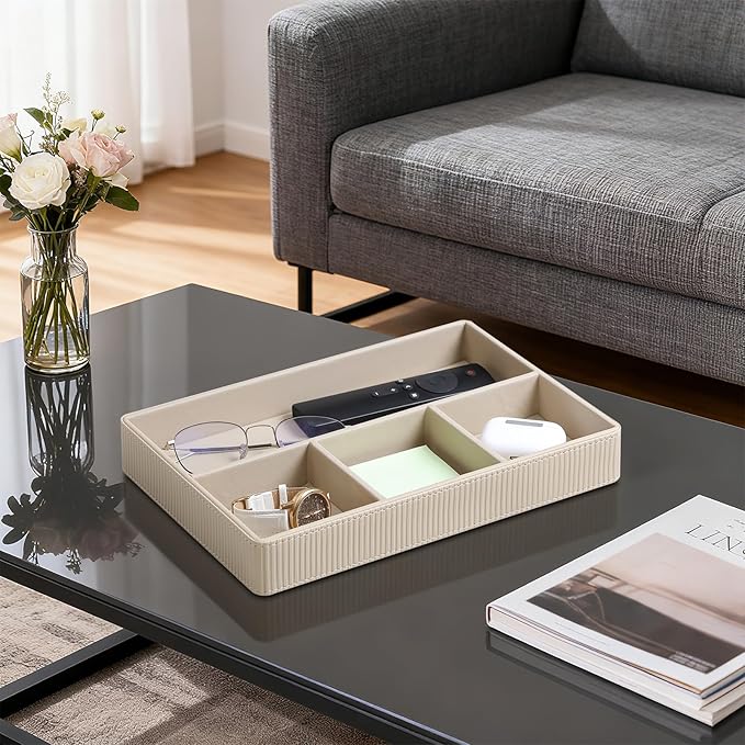 NICLNGSH PU Leather Valet Tray, Decorative Trinket Vanity Desk Drawer Organizer Tray, Perfume Dish Catch All Bowl for Keys, Nightstand Drawer Organizer Women Men with 4 Compartments (Beige)