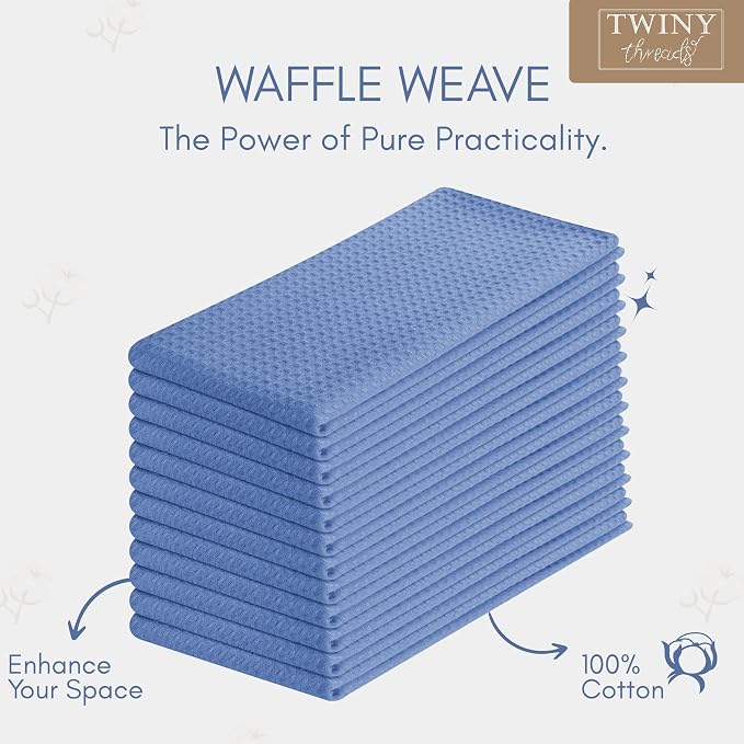 TWINY threads Set of 12 100% Cotton Solid Kitchen Towels with Hanging Loop (16 X 26 inches) | Ultra Absorbent Dobby Waffle Weave Washcloth | Reusable, Machine Washable Hand Towels - Sky Blue