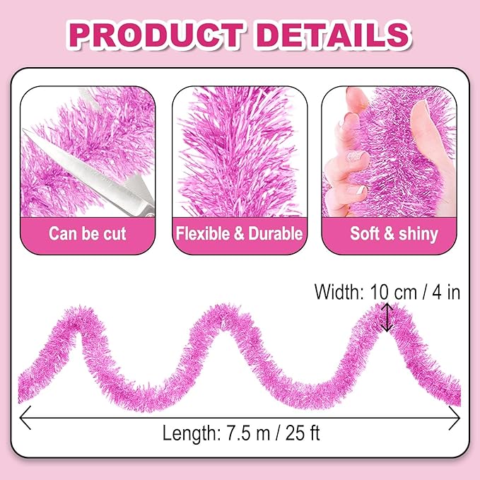 25 Feet Christmas Foil Fringe Banner Metallic Tassle Garland Metallic Backdrop Parade Floats Shiny Hanging Ceiling, Valentine's, Wedding, New Year Party Decorations(4" x 25', Macaron Pink)