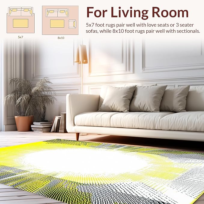 Flatwoven High Traffic Area Rug 8x10, Radiant Burst Geometric, Non Slip, Stain Resistant, Washable Area Rugs for Living Room, Bedroom (Yellow, 8x10)