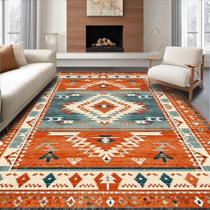 Flatwoven High Traffic Area Rug 5x7, Stylish Southwestern with Warm Hues and Unique Textures, Non Slip, Stain Resistant, Washable Area Rugs for Living Room, Bedroom (Red, 5x7)
