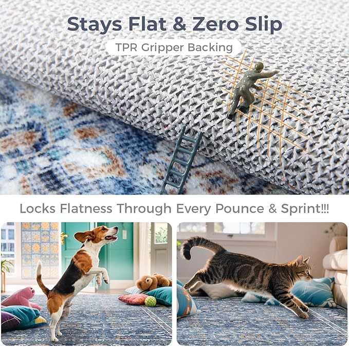 OPPODREAM Vintage Blue Round Rug 6ft, 6 ft Retro Washable Circle Rug Non Slip, Low-Pile Faux Wool Circular Carpet, Distressed Navy Floor Mat for Living Room, Bedroom, Office, Dorm, Dinning Room