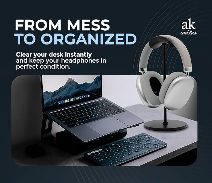 ak anklas Headphone Stand for Desk – Premium & Minimalist Headset Holder with Round or Oval Base for Gaming, Office & Home (Black, Standard)