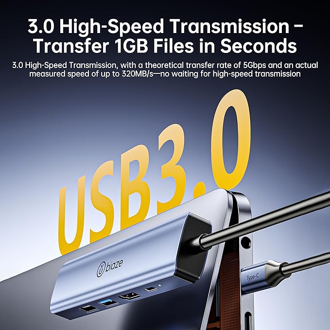 Biaze 4K60Hz USB-C Hub, 5-in-1 USB-C to HDMI Adapter Supports 100W PD Fast Charging, 100Mbps Ethernet, 4K@60Hz HDMI, USB 3.0 Compatible with MacBook Pro/Air, Laptop Type-C Docking Station