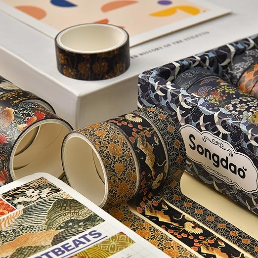 Songdao 12 Rolls Kyoto Charm Washi Tape Set Japanese Arts Adhesive Tapes Geometric Garden Decorative Masking Tape Sets for Craft, Kids, Scrapbook, DIY, Gift Wrapping (Black Elegance)