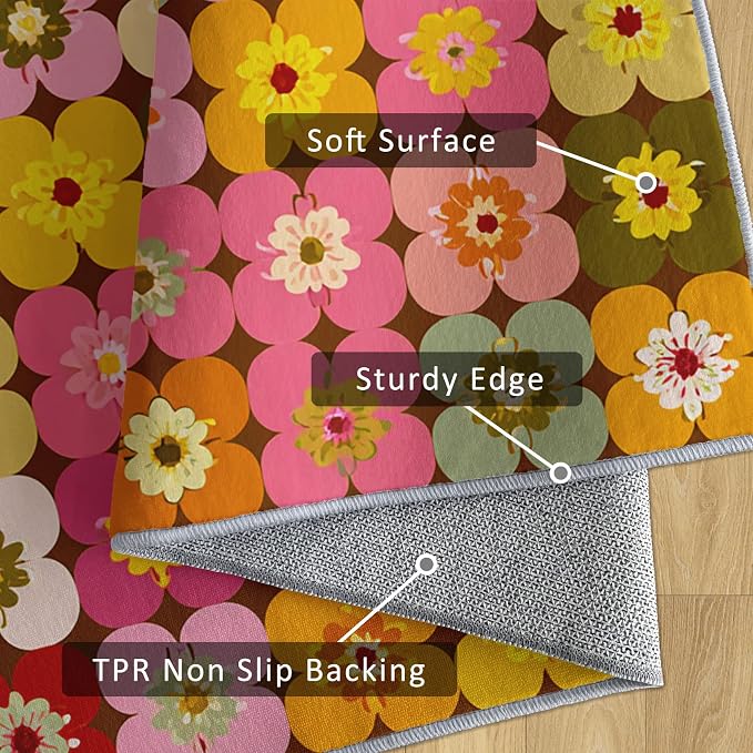 70s Floral Rugs 3x5, Retro Colorful Groovy Washable 3 x 5 Area Rug for Living Room, Bedroom, Low Pile Non Slip Stain Resistant Carpet, 70s Retro Home Decor Accessories & M840