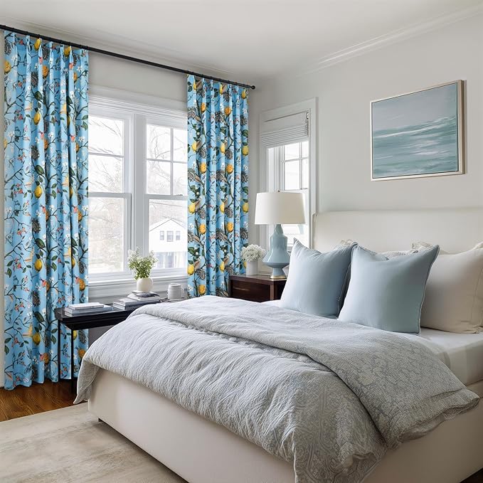 Vintage Floral Curtains 90 Inches Long for Living Room Bedroom Luxury Whimsical Lemon Hummingbird Patterned Waverly Mid Century Colorful Pinch Pleated Blackout Drapes 2 Panels，Light Blue