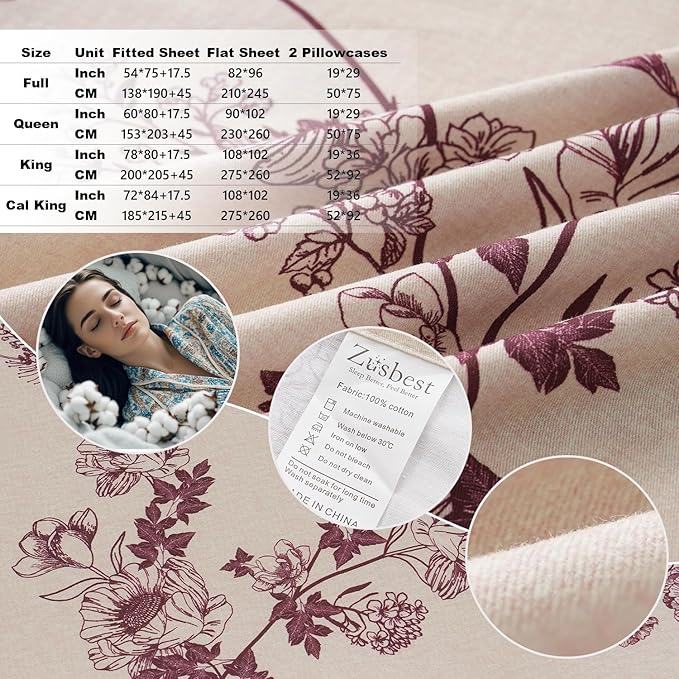 Zusbest Full Size Sheets 100% Percale Cotton Red Floral Bed Sheet, Brushed for Extra Softness, Breathable Luxury Toile Flannel Like Sheets Shabby Vintage Deep Pocket Bed Set 17.5'' 4 Pcs