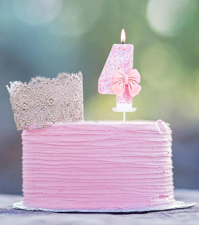 4 Birthday Candle with Pink Sequins and Bowtie, Number 4 Candle Birthday Girl Pastel Sweet Theme 4th Birthday Party or Adults Milestone Age Decoration