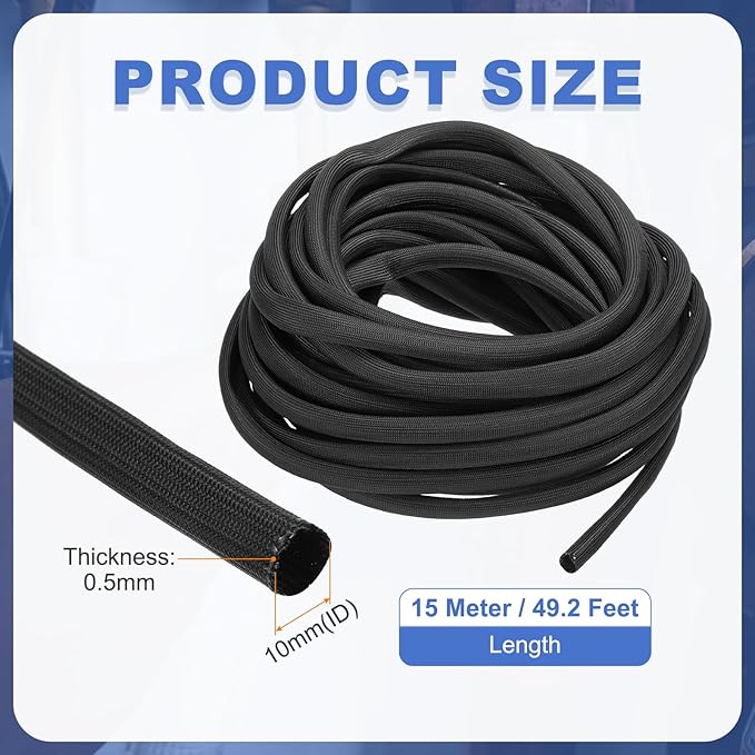 uxcell Insulation Cable Protector,10mm/0.5 Inch-15m/49 Feet High Temp Fiberglass Sleeve Black