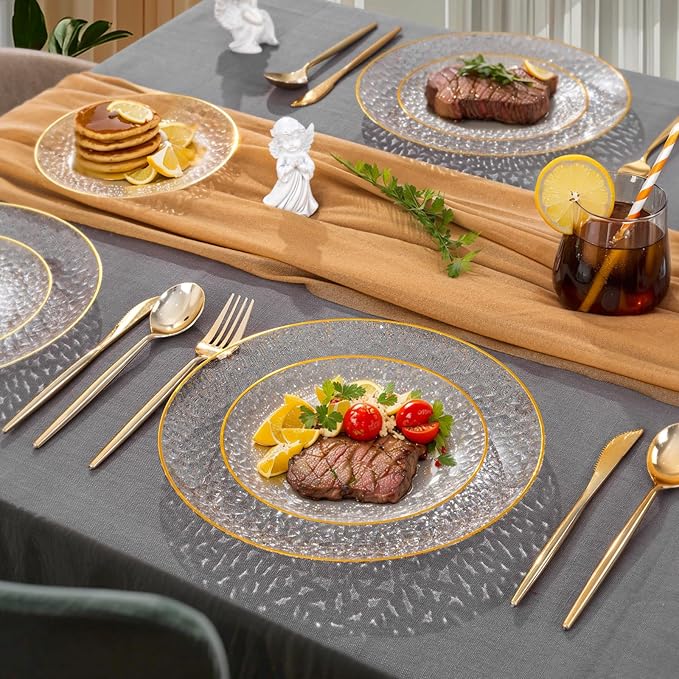 Rubtlamp 60Pcs Clear Gold Plastic Plates, Gold Glitter Disposable Plates, Hammered Plastic Plates Included 30 Dinner Plate And 30 Dessert Plate for Weddings Party Birthday