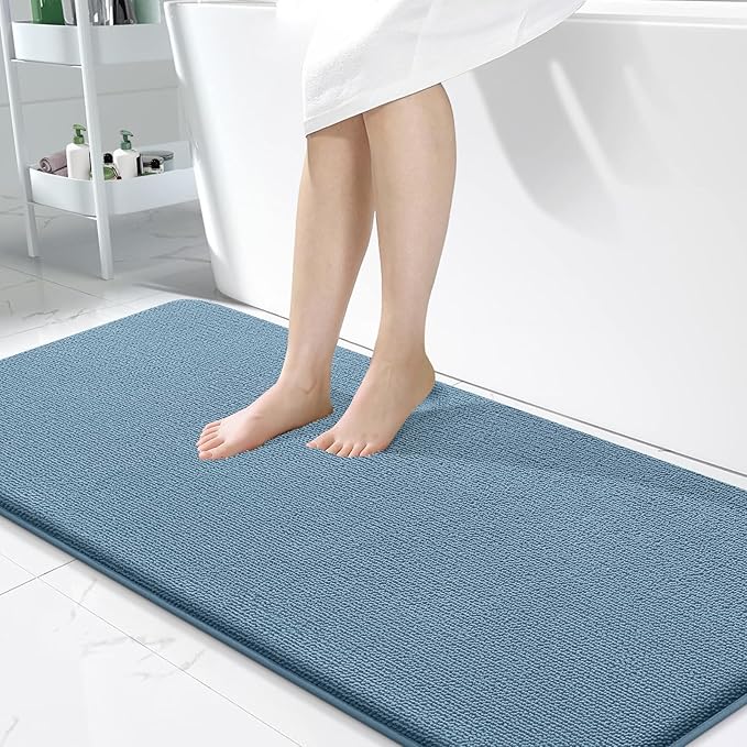 OLANLY Thick Memory Foam Bath Mat Rug 47x24, Extra Soft Absorbent Bathroom Rug, Quick Dry Bath Mats, Non-Slip, Machine Washable Carpet for Bathroom, Tub and Shower, Home Decor Accessories, Airy Blue
