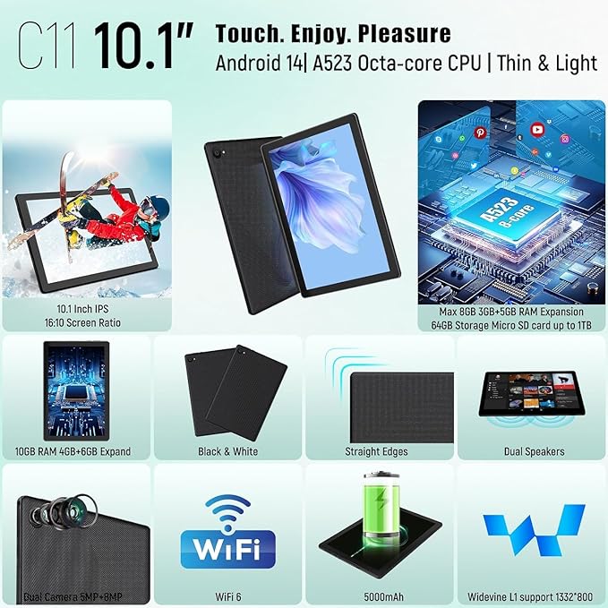 MUISOO Tablet 10 Inch, Android 14 Tablet PC, 8GB RAM+64GB ROM (1TB TF), Octa-Core 2.0 GHz, Bluetooth 5.0, WiFi 6, Widevine L1, 5MP+8MP, 5000mAh,Type-C (Black, 10)