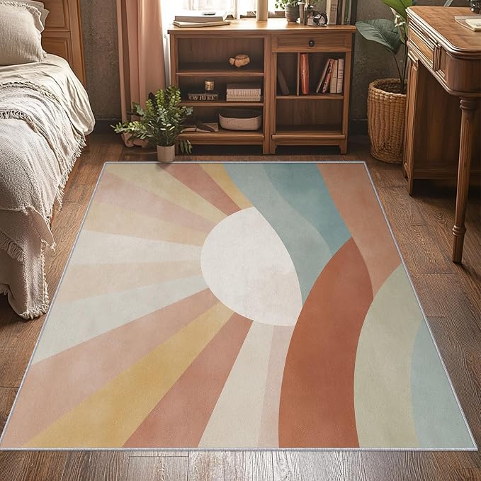 3x4 Boho Sun Rugs for Bedroom Decor, Washable Retro Sunrise Pattern Area Rug, Living Room Home Decoration, Non Slip Soft Thin, Mid Century Modern Decor Carpet PF-P 117