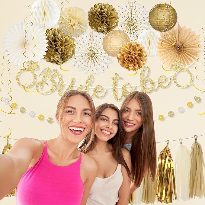 Roetyce Bachelorette Party Decorations, Gold Glitter Bride to Be Banner Paper Fans Pompoms Kit, Women Bridal Shower Party Supplies, Wedding Paper Lanterns Streamers Garland Photo Backdrop Background