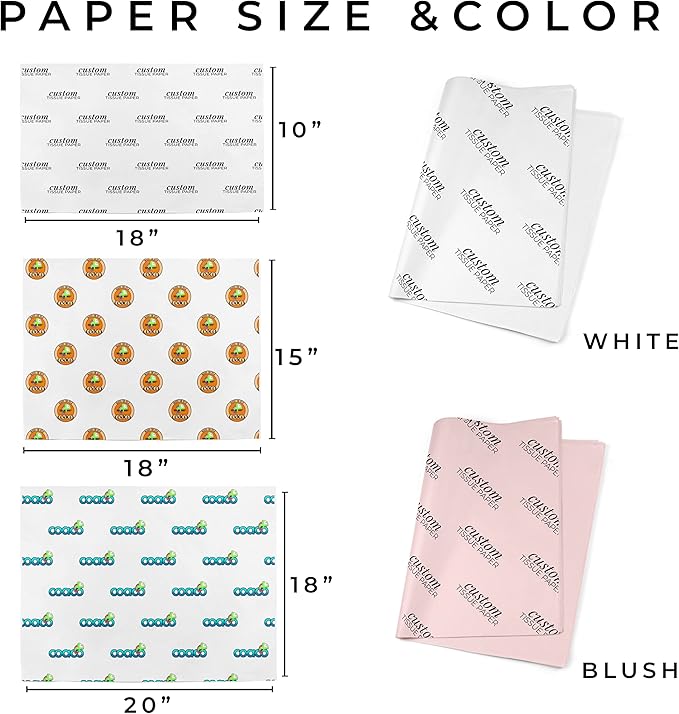 COACO Personalized Tissue Paper, Your Custom Design, Logo, or Text, Great for Holiday or Special Occasion, Small Business Packaging or Gift Wrapping, Gift Bags, 30, 50, or 100 Count, Blush (18"x15")