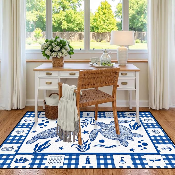 Sea Turtle Rug Coastal Ocean Print Floor Mat Blue and White Plaid Area Rug for Bedroom Living Room Nursery Kitchen Playroom Home Decor Non-Slip Washable Carpet,4'x6'