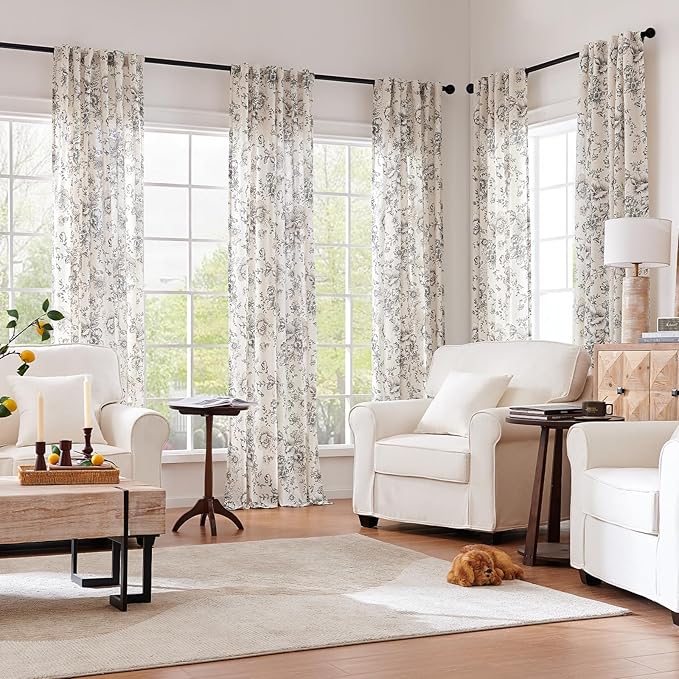 jinchan Linen Blend Curtain Floral Curtains for Living Room 84 Inch Length Farmhouse Curtain Rod Pocket Back Tab Black Printed Peony Flower Patterned Drapes Bedroom Window Curtains Set 2 Panels
