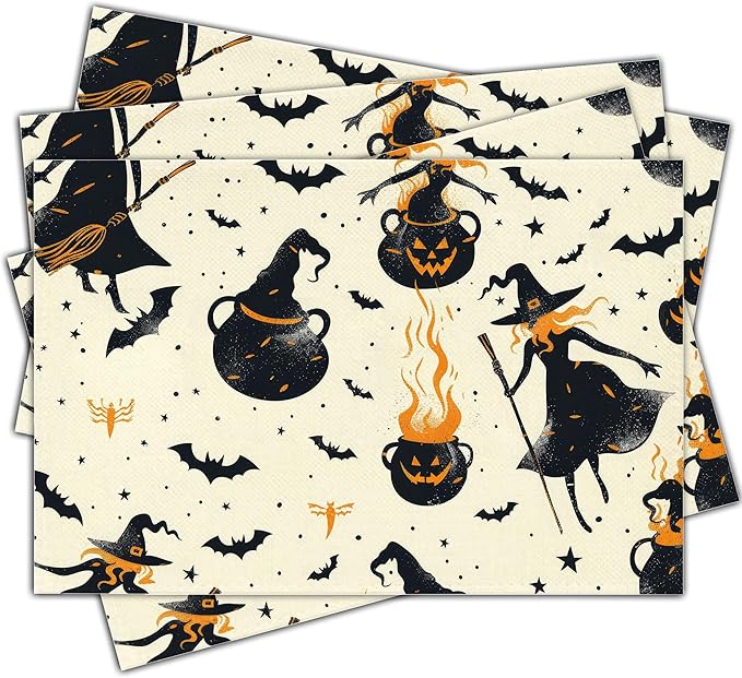 Halloween Spooky Placemats Set of 4, 12x18 Inch Pumpkin Witch Table Mats, Washable Heat Resistant Place Mats for Kitchen Dining Table, Halloween Themed Decoration for Home-B04