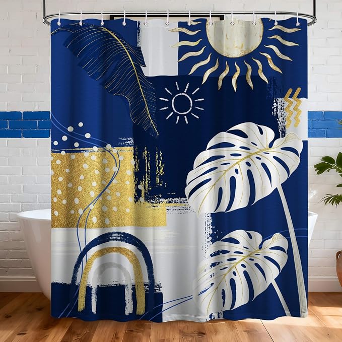 Extra Long Shower Curtain 96 Inchs Extra Tall Blue and White XL Navy Blue and Gold Abstract Shower Curtains for Large Bathroom Decor Sets, Waterproof Cloth Fabric with Hooks, 70 x 96 Inch