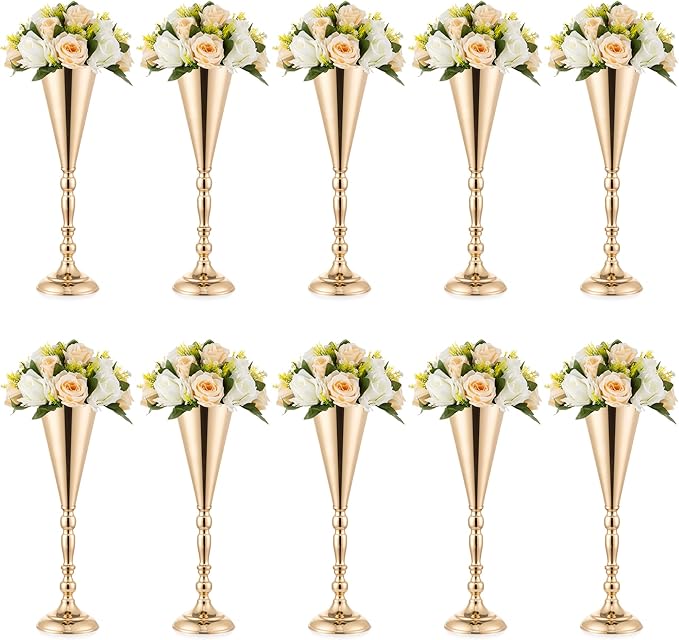 Gold Vase Centerpiece Table Decorations - 10 Pcs Metal Tabletop Flower Stand, Wedding Decorations for Reception, 16.5in Trumpet Tall Flower Vase for Birthday, Weddings, Anniversary, Home Decor