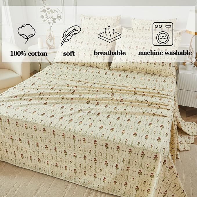 FADFAY Queen Size 100% Cotton Beige Bed Sheets Set Elegant Red Rose Floral Pattern, Soft and Luxurious Shabby Vintage French Country Bedding, 4 Pieces Deep Pocket Fitted Sheet