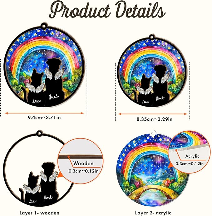 Personalized Pet Memorial Suncatcher – Custom Dog & Cat Rainbow Bridge Suncatcher with Name & Breed, Pet Loss Sympathy Gift, Memorial Keepsake for Dog & Cat Lovers (Up to 3 Pets)