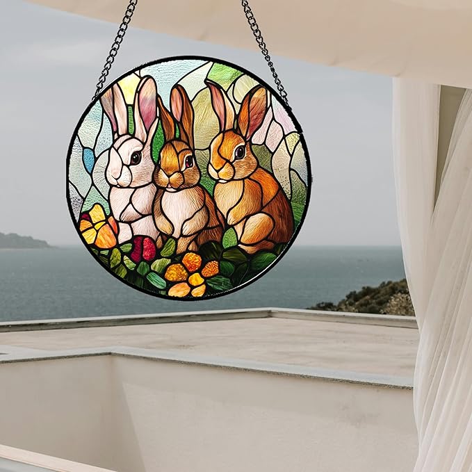 Stained Glass Window Hanging - 3 Cute Rabbits Suncatcher for Doors Garden Patio Bunny Sun Catchers Decor Christmas Mother's Day Birthday Teenager Gifts for Women Men Mom Nana Friend 9.8 in