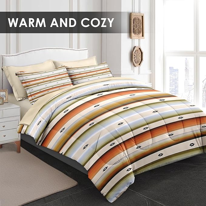 Comforter Set Twin Size, Geometric Tribal Striped 5 Pcs Bedding for Kids and Adults, Boho Modern Colorful Bed Sheet Sets with Fitted Sheet Pillowcase & Sham for Bedroom Bed Decor