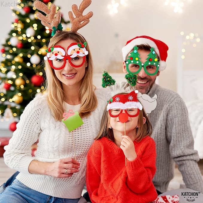 KatchOn, Glitter Christmas Photo Booth Props - Pack of 10 | Christmas Party Decorations | Xmas Party Favors for Kids | Santa Eyeglasses, Xmas Decorations